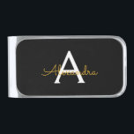 Sujeta Billetes Plateado Black Gold Modern Script Girly Monograma Nombre<br><div class="desc">Monograma Gold y Black Simple Script Nombre Dinero Clip. Esto hace que la graduación perfecta,  dulce cumpleaños de 16 años,  boda,  ducha de novia,  aniversario,  ducha de bebé o fiesta de soltera sea un regalo para alguien que ama el lujo glam y los estilos de moda.</div>