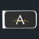 Sujeta Billetes Plateado Black Gold Modern Script Girly Monograma Nombre<br><div class="desc">Monograma Gold y Black Simple Script Nombre Dinero Clip. Esto hace que la graduación perfecta,  dulce cumpleaños de 16 años,  boda,  ducha de novia,  aniversario,  ducha de bebé o fiesta de soltera sea un regalo para alguien que ama el lujo glam y los estilos de moda.</div>