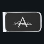 Sujeta Billetes Plateado Black Silver Modern Script Girly Monograma Nombre<br><div class="desc">Plata y Negro Simple Script Monograma Nombre Dinero Clip. Esto hace que la graduación perfecta,  dulce cumpleaños de 16 años,  boda,  ducha de novia,  aniversario,  ducha de bebé o fiesta de soltera sea un regalo para alguien que ama el lujo glam y los estilos de moda.</div>