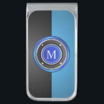 Sujeta Billetes Plateado Chip de póquer de Monograma Negro y Azul<br><div class="desc">Para un regalo único con un toque personal, este clip de dinero incluye un marco redondo de chip de póquer que rodea el monograma deseado. El fondo azul y negro de dos tonos tiene un matiz sutil para resaltar el marco del chip de póquer. Este es un diseño digital de...</div>