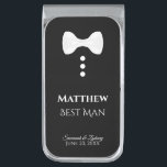Sujeta Billetes Plateado El mejor hombre blanco de la pistola Tuxedo Favor<br><div class="desc">Estos divertidos clips de dinero están diseñados como un regalo o un favor para tu Mejor Hombre. Presentan un divertido diseño de una corbata blanca con tres botones blancos sobre un fondo negro, que se asemeja a un esmoquin. El texto dice "Mejor hombre" y tiene un lugar donde escribir su...</div>