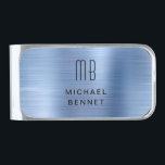 Sujeta Billetes Plateado Elegante Monograma Azul<br><div class="desc">Elegante Clip de Dinero De Fin De Plata Azul Monogramado.</div>
