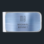 Sujeta Billetes Plateado Elegante Monograma Azul<br><div class="desc">Elegante Clip de Dinero De Fin De Plata Azul Monogramado.</div>