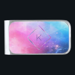 Sujeta Billetes Plateado Elegante Resumen Galaxia Monograma Geométrico<br><div class="desc">Elegante galaxia azul púrpura con marco de forma diamantífera para su inicial.</div>