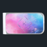 Sujeta Billetes Plateado Elegante Resumen Galaxia Monograma Geométrico<br><div class="desc">Elegante galaxia azul púrpura con marco de forma diamantífera para su inicial.</div>