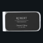 Sujeta Billetes Plateado Favor o regalo de la boda del clip del dinero del<br><div class="desc">Estos clips del dinero se diseñan como favores o regalos para los padrinos de boda, su mejor hombre, u otros miembros del banquete de boda. Ofrecen un cuerpo plateado plata con un frente negro con el texto blanco incluyendo el nombre de su padrino de boda, del título (padrino de boda,...</div>