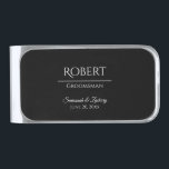 Sujeta Billetes Plateado Favor o regalo de la boda del clip del dinero del<br><div class="desc">Estos clips del dinero se diseñan como favores o regalos para los padrinos de boda, su mejor hombre, u otros miembros del banquete de boda. Ofrecen un cuerpo plateado plata con un frente negro con el texto blanco incluyendo el nombre de su padrino de boda, del título (padrino de boda,...</div>