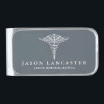 Sujeta Billetes Plateado Gris pizarra conocido de encargo profesional<br><div class="desc">Un gran regalo para un profesional médico. El clip del dinero ofrece un fondo del gris de pizarra y un caduceo médico clásico.

 Por debajo esto es un punto para el nombre y una segunda línea de su o su beneficiario del regalo para la información opcional.</div>