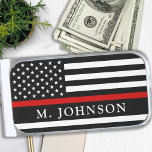 Sujeta Billetes Plateado La línea roja delgada personalizada del bombero<br><div class="desc">Delgado clip de dinero de la línea roja - Bandera estadounidense con colores de bandera de bombero, moderno diseño rojo negro . Personaliza con el nombre del bombero. Este clip de dinero personalizado para bomberos es perfecto para bomberos y voluntarios de bomberos y todos los que los apoyan. DERECHOS RESERVADOS...</div>