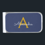 Sujeta Billetes Plateado Navy Blue Gold Modern Script Girly Monograma Nombr<br><div class="desc">Monograma de oro y azul de la marina con un sencillo guión nombre dinero Clip. Esto hace que la graduación perfecta, dulce cumpleaños de 16 años, boda, ducha de novia, aniversario, ducha de bebé o fiesta de soltera sea un regalo para alguien que ama el lujo glam y los estilos...</div>