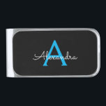 Sujeta Billetes Plateado Nombra de monograma de guión azul negro<br><div class="desc">Clip de dinero con un solo guión simple azul y negro. Esto hace que la graduación perfecta,  dulce cumpleaños de 16 años,  boda,  ducha de novia,  aniversario,  ducha de bebé o fiesta de soltera sea un regalo para alguien que ama el lujo glam y los estilos de moda.</div>