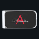 Sujeta Billetes Plateado Nombra de monograma de guión negro rojo<br><div class="desc">Fragmento de Monograma de Guión Simple Rojo y Negro. Esto hace que la graduación perfecta,  dulce cumpleaños de 16 años,  boda,  ducha de novia,  aniversario,  ducha de bebé o fiesta de soltera sea un regalo para alguien que ama el lujo glam y los estilos de moda.</div>