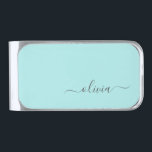 Sujeta Billetes Plateado Nombre de Monograma del Guión Azul Verde azulado M<br><div class="desc">Aqua Blue Verde azulado Simple Script Monograma Nombre Dinero Clip. Esto hace que la graduación perfecta,  dulce cumpleaños de 16 años,  boda,  ducha de novia,  aniversario,  ducha de bebé o fiesta de soltera sea un regalo para alguien que ama el lujo glam y los estilos de moda.</div>