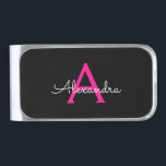 Sujeta Billetes Plateado Nombre del Monograma de Giro del Guión Negro Calie<br><div class="desc">Caliente rosado y negro Sencillo Script Monograma Nombre Dinero Clip. Esto hace que la graduación perfecta,  dulce cumpleaños de 16 años,  boda,  ducha de novia,  aniversario,  ducha de bebé o fiesta de soltera sea un regalo para alguien que ama el lujo glam y los estilos de moda.</div>