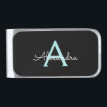 Sujeta Billetes Plateado Nombre del Monograma de la Girona del Guión Azul V<br><div class="desc">Aqua Verde azulado Blue y Black Simple Script Monograma Nombre Dinero Clip. Esto hace que la graduación perfecta,  dulce cumpleaños de 16 años,  boda,  ducha de novia,  aniversario,  ducha de bebé o fiesta de soltera sea un regalo para alguien que ama el lujo glam y los estilos de moda.</div>