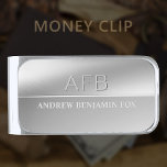 Sujeta Billetes Plateado Recortes de dinero en monograma de lujo con nombre<br><div class="desc">Eleva tu estilo con nuestro Clip de Monograma de Lujo, mostrando un acabado plateado y un monograma de personalizado de estilo grabado impreso, junto con un nombre completo personalizado en un fondo metalizado pulido impreso. Este lujoso clip de dinero asequible y sofisticado le da un toque de lujo, convirtiéndolo en...</div>