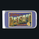 Sujeta Billetes Plateado Saludos del vintage de Detroit Michigan retro<br><div class="desc">Saludos de la postal retra del vintage de Detroit Michigan de una postal de seda original en nuestra colección privada.</div>