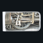 SUJETA BILLETES PLATEADO TRENES DE VAPOR<br><div class="desc">Diseño fotográfico de la rueda desde un tren de vapor.</div>