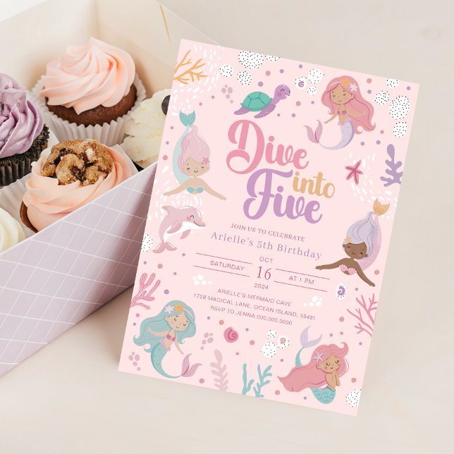 Sumérgete en cinco Invitación de Sirena - Niña Ros (Dive Into Five Mermaid Invitation - Pink Girl 5th
)