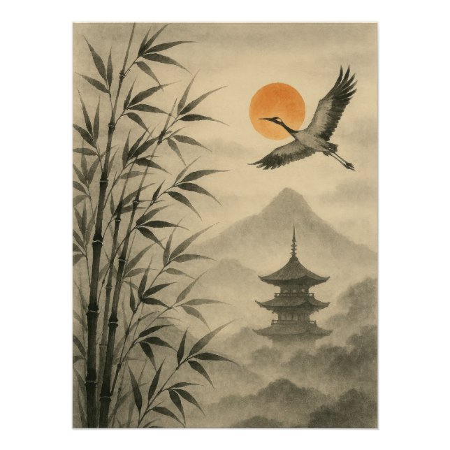 Sumi-e Crane Bamboo Poster | Traditional Japanese (Anverso)