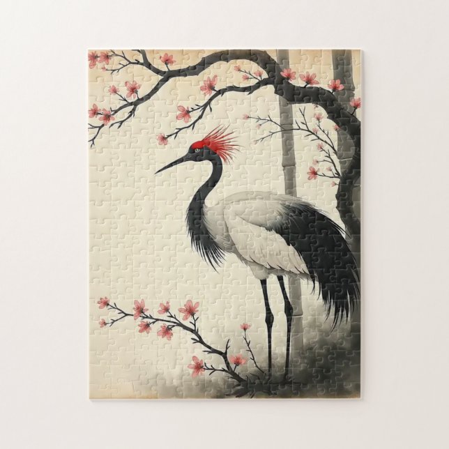 Sumi-E Red-Crowned Crane Puzzle (Vertical)