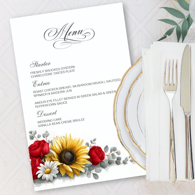 Sunflower and Red Rose Floral Wedding Menu (Subido por el creador)