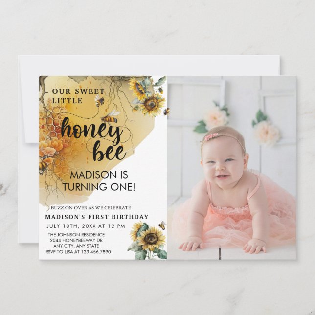 Sunflower Bee | Invitación de cumpleaños de la fot (Anverso)