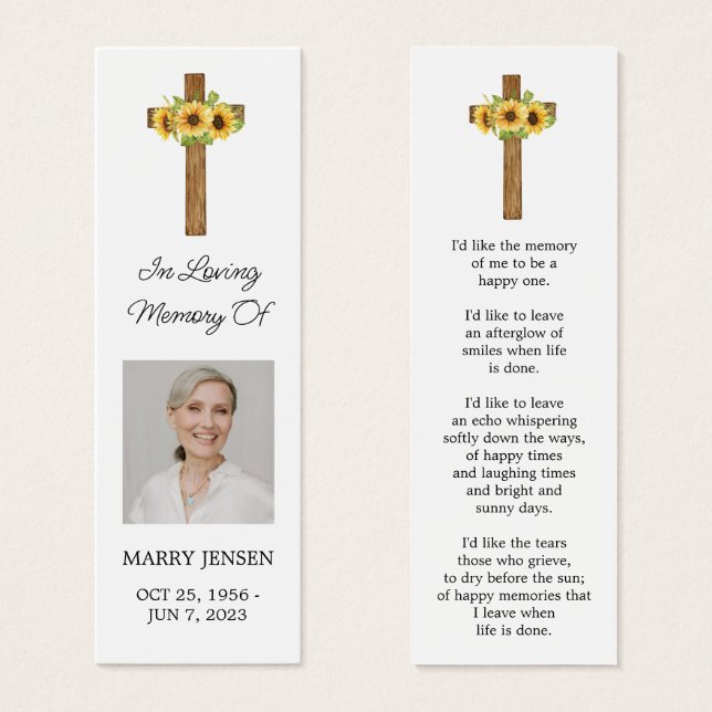 Sunflower Cross Photo Funeral Bookmark (Anverso y reverso)