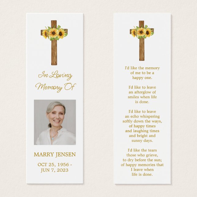 Sunflower Cross Photo Funeral Bookmark (Anverso y reverso)