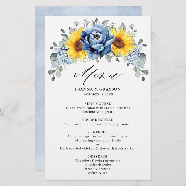 Sunflower Dusty Blue Slate Peony Menú Boda (Anverso / Reverso)