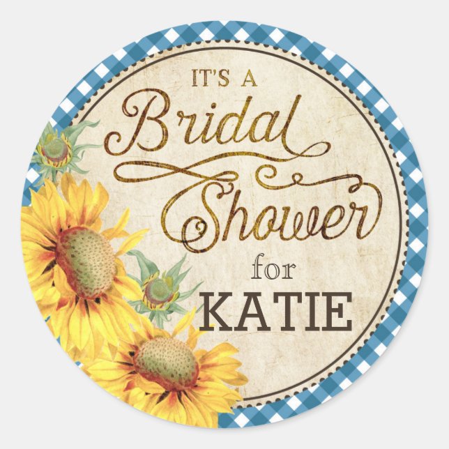 Sunflower Gingham Check Etiqueta Rustica de Ducha  (Anverso)