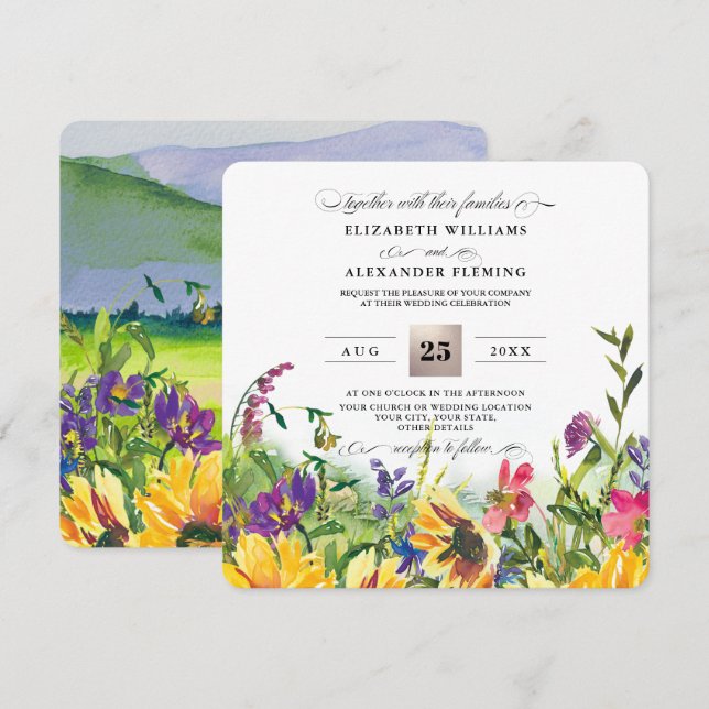 Sunflower | Invitación a la boda rústica de Wild M (Anverso / Reverso)