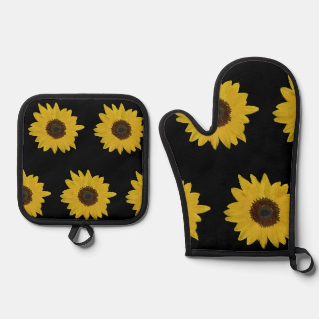 Sunflower Oven Mitt & Potholder Set Black & Yellow (Anverso)