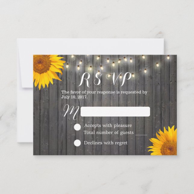 Sunflower & String Lughts Barn Wood Wedding RSVP (Anverso)
