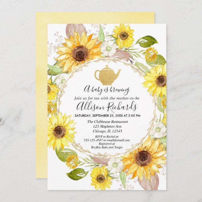 Sunflower Tea fiesta de bebé invitación a la ducha (Anverso / Reverso)