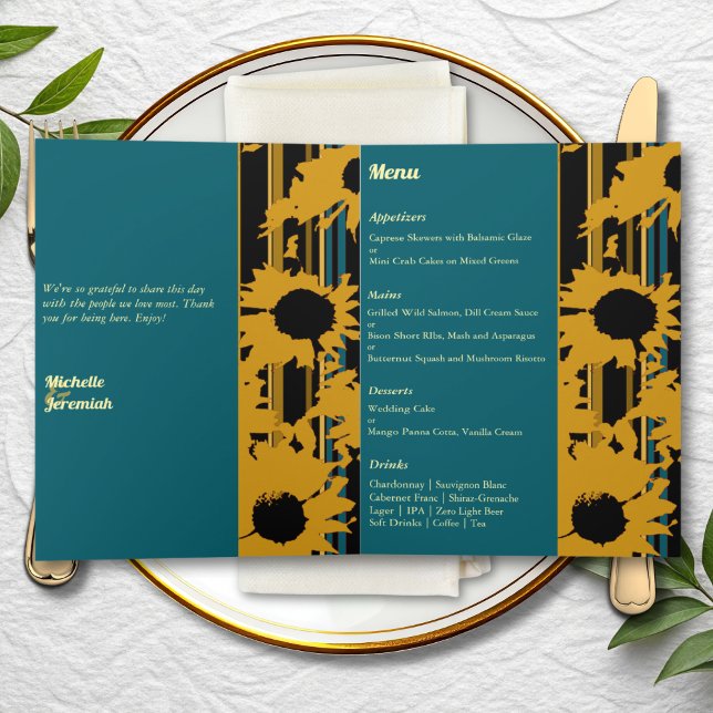 Sunflower Teal Blue Gold Modern Wedding Menu (Subido por el creador)