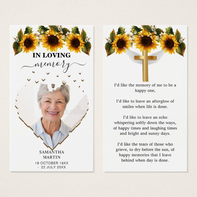 Sunflowers Beautiful Memorial Funeral Bookmark (Anverso y reverso)