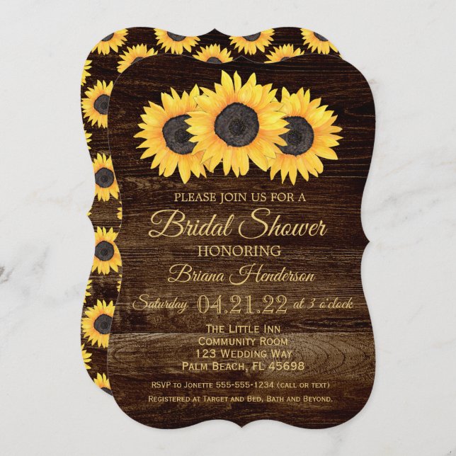 Sunflowers Bridal Shower Invitación a la Madera Rú (Anverso / Reverso)