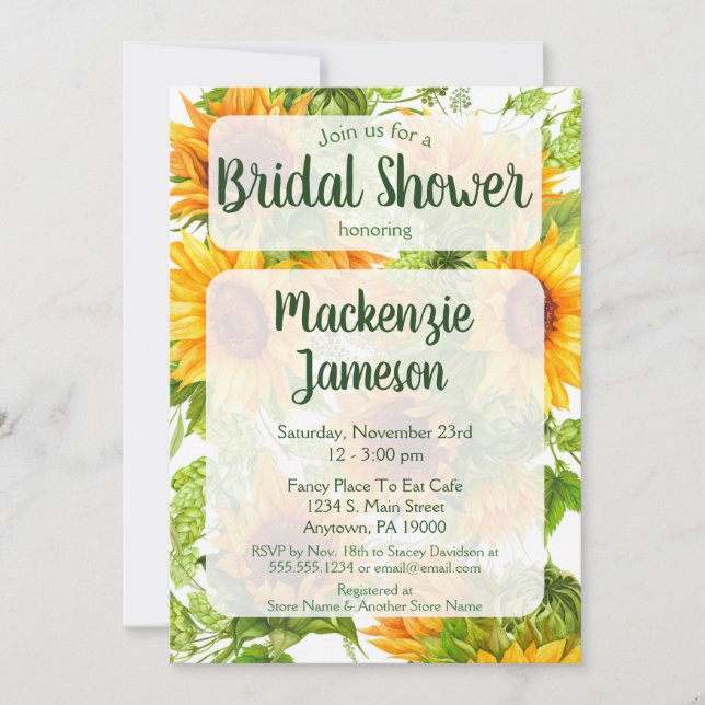 Sunflowers Bridal Shower Invitación Verde Amarillo (Anverso)