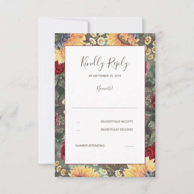 Sunflowers Burgundy Rustic Fall Wedding RSVP (Anverso)