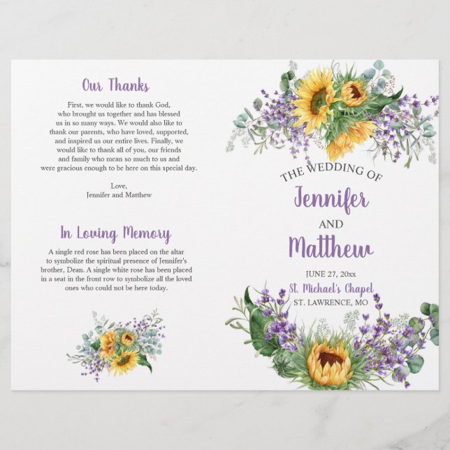 Sunflowers, Eucalyptus, Programa de Bodas Lavender (Anverso)