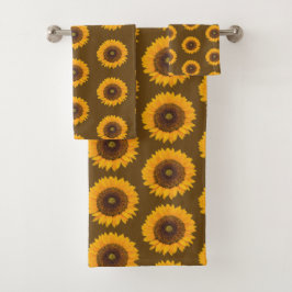 Sunflowers Floral Pattern Brown Yellow Towel Set