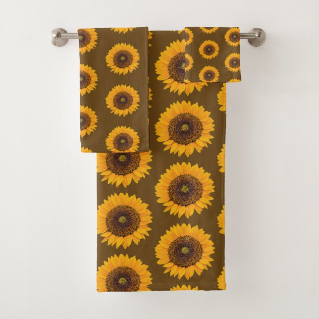 Sunflowers Floral Pattern Brown Yellow Towel Set (In situ)