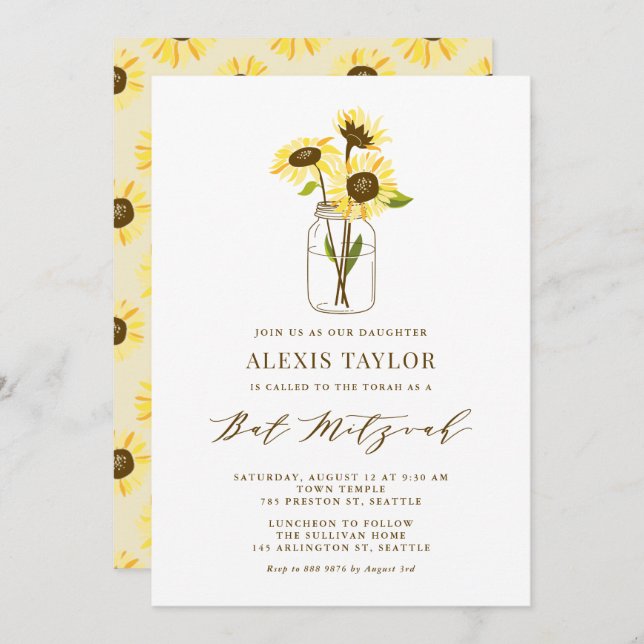 Sunflowers in Mason Jar Bat Mitzvah Invitación (Anverso / Reverso)