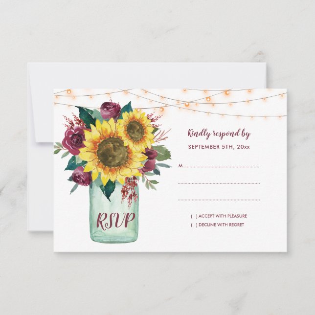 Sunflowers Mason Jar Burgundy Floral Wedding RSVP (Anverso)