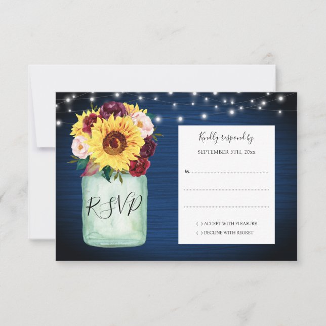 Sunflowers Mason Jar Navy Blue Wedding RSVP (Anverso)