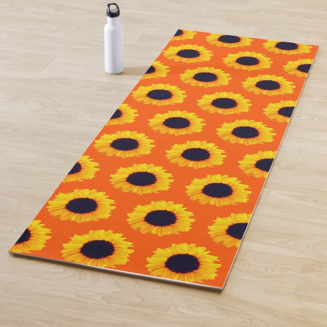 Sunflowers Naranja Amarilla Floral Black Yoga Mat (In situ)