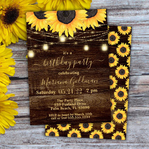 Sunflowers String Lights Birday Party Invitación
