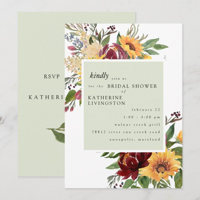 Sunflowers Toscana Mint Bridal Shower Invitación (Anverso / Reverso)