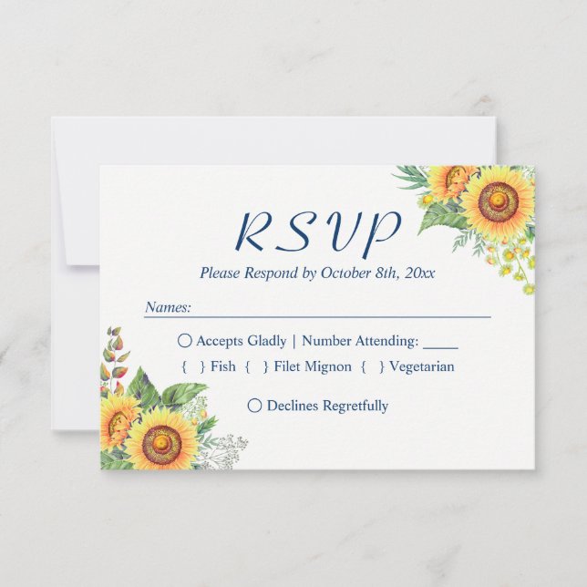 Sunflowers Yellow Navy Blue Rustic Wedding RSVP (Anverso)